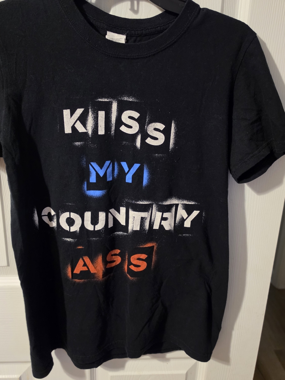 Black Graphic Tee with Red & Blue Stencil Text